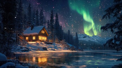 Northern Lights over Snowy Cabin Lake