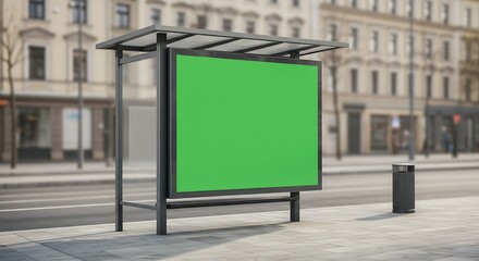 Blank green billboard at a city bus stop on a sidewalk with a trash can nearby