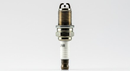 Front view of spark plug with corrugated body, ceramic and metal, against a light background