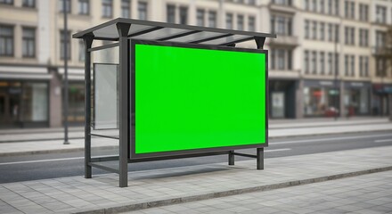 Blank green screen advertising billboard at a city bus stop. Outdoor commercial mockup with chroma key on an urban street.