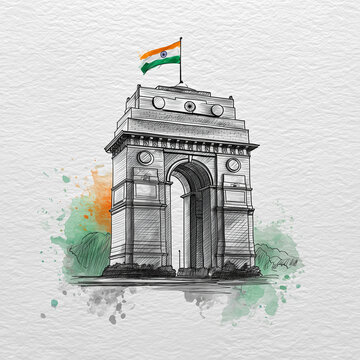 India Gate Watercolor Illustration with Indian Flag &ndash; New Delhi Landmark.