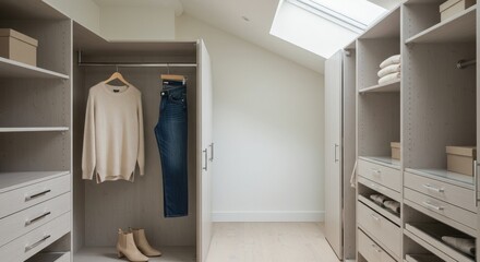 Neat walk-in closet with built-in shelving, hangers, clothes, boxes and a skylight