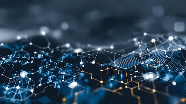 Abstract network visualization with interconnected nodes and glowing data streams on a dark futuristic background