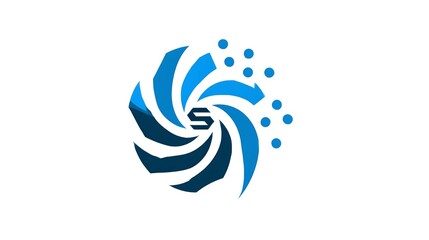 Abstract graphic featuring a dynamic spiraling hexagon with a stylized 'S' and digital particles, symbolizing innovation, technology, and data flow for modern businesses.