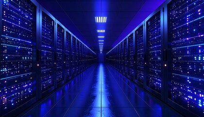 Server room, illuminated by vibrant blue light
