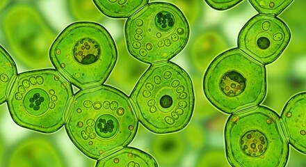 Green plant cells grouped together visible with a chloroplasts containing cell walls magnified view
