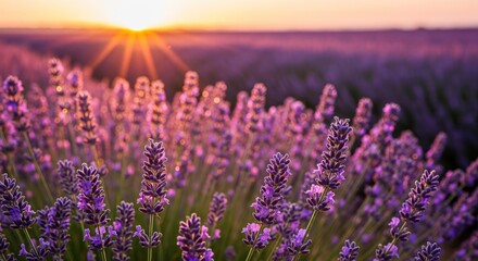 Fototapeta premium Lavender field at sunrise purple flowers foreground distant sun