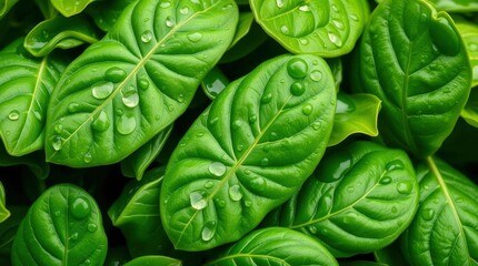 Obraz premium Lush green leaves with water droplets cling highlighting vibrant details and texture