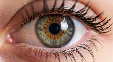 Fototapeta premium Macro closeup of a hazelcolored human eye featuring a detailed iris eyelashes and surrounding skin