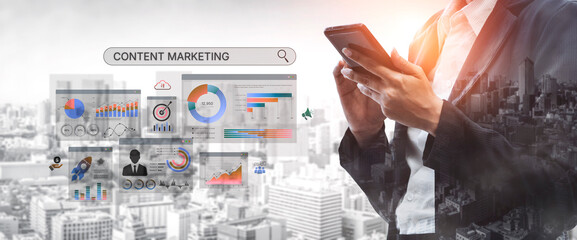 Content marketing interface with data dashboards, analytics charts, and content tools. Marketing...