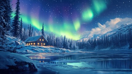Aurora Borealis over Snowy Cabin Lake