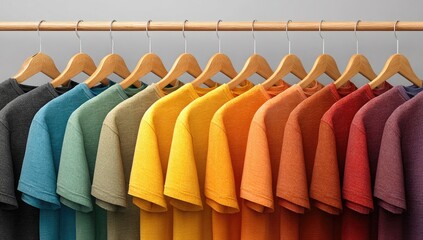 Row of colorful t-shirts on wooden hangers (1)