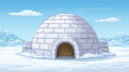 Obraz premium Dome shaped igloo made of ice blocks with open entrance, set in snowy landscape under clear blue sky with distant mountains and scattered clouds