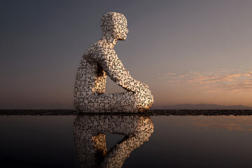 Silhouette of a sitting and thinking man made from puzzle pieces. Meditation and self-knowledge
