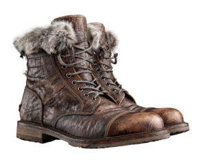Pair of brown leather boots with faux fur cuffs.  A close-up view showcases the distressed leather texture and the laces