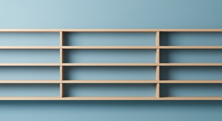 Empty light wood shelving unit with twelve compartments against a solid powder blue wall
