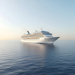 White cruise ship sailing on tranquil ocean waters. Large vessel in motion across calm blue sea. Luxury cruise ship captain with large vessel in a serene ocean setting -