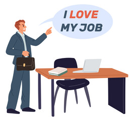 Joyful businessman in office points his finger at sign I love my job. Employee at workplace. Successful man with briefcase. Enjoy of work occupation. Vector concept of favorite business