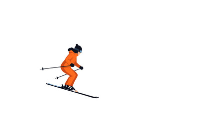 Fototapeta premium Female Skier in Orange Outfit Descending Snow Covered Slope on a Bright Winter Day