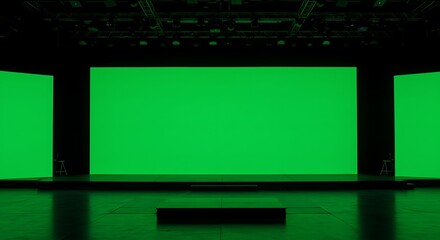 Empty Stage with Green Screens Perfect for Presentations, Events, and Creative Projects