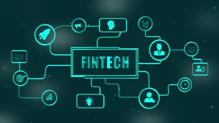 Fintech concept infographic with icons and connections on dark background fintech, financial technology, finance, business, innovation, digital, network, connection, communication, data - Powered by Adobe
