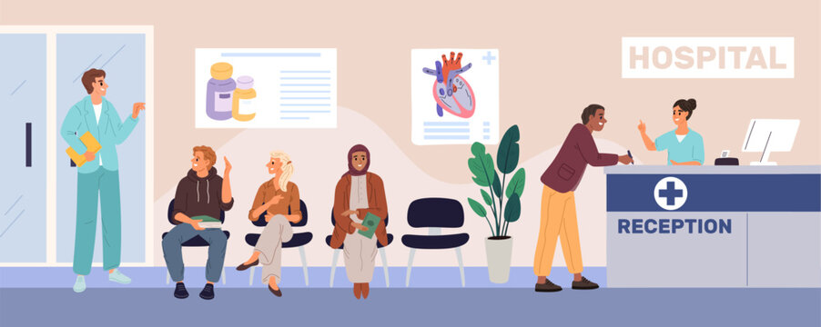 Interior of polyclinic with registration point and patients waiting in line to see doctor. Medical service receptionist. Physician appointment queue. Hospital corridor. Vector concept
