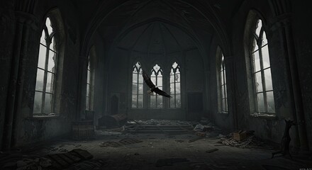 Fototapeta premium Abandoned church interior, eagle soaring, ravaged scene, potential for apocalypse or disaster theme