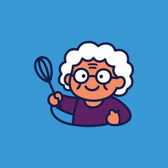 Cute Grandma Cartoon Holding Kitchen Whisk