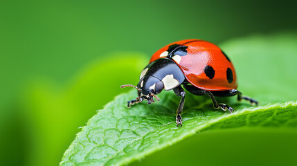 Naklejka premium Vibrant ladybug resting on a fresh green leaf, with a beautifully blurred natural background, high detail, vivid colors, soft lighting.