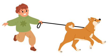 Cheerful happy little boy leads red dog on leash. Child walking with pet. Domestics animal. Summer stroll with canine mammal companion. Puppy owner. Akita inu breed. Vector concept