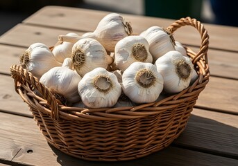 Basket full of fresh garlic bulbs on a rustic wooden table outdoors