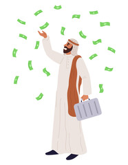 Arab businessman with working suitcase and money falling from above. Financial success. Cash banknotes rain. Successful business in Dubai. Arabian man in traditional abaya. Vector concept