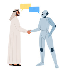 Arab businessman shakes hands with robot. Handshake gesture. Partners communication. Innovation technology. Interaction with artificial intelligence. Arabian talking with AI. Vector concept