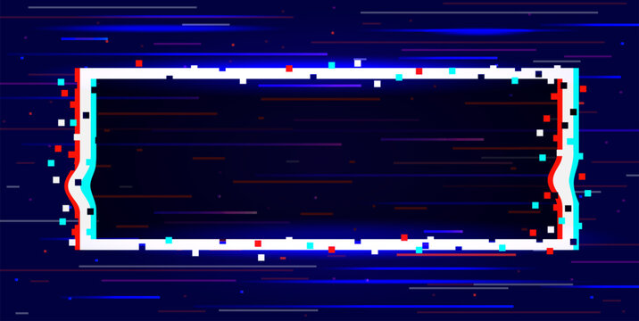 Blue background with glitch effect with frame. Technological error. Cyber dynamic distortion. Abstract rectangular shape. Visual noise screen. Cyber dynamic pixel. Vector banner design