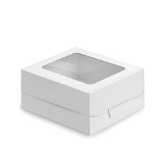 Fototapeta premium Empty white cardboard box with clear window for display. 3D rendering of a blank, square food packaging container, set against a plain white background.