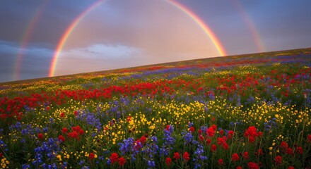 虹色に輝く草原 鮮やかな花畑 夕陽の柔らかな光. AI Generated