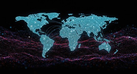 A glowing blue world map overlaid with connected icons floats over a rippling, abstract, pink and red digital landscape, all against a black background