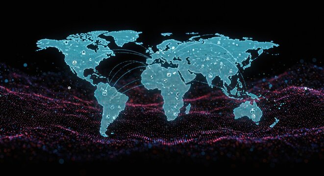 A glowing blue world map overlaid with connected icons floats over a rippling, abstract, pink and red digital landscape, all against a black background
