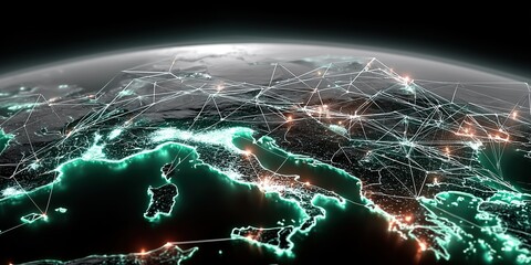Obraz premium The image shows a green internet network that connects the whole world