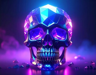Crystal Skull, Neon Light, Dark Background