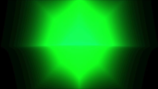 Abstract green light beams pulsating and moving, with a spotlight effect on a black background

