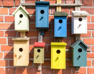 Colorful Birdhouses on Brick Wall Outdoors