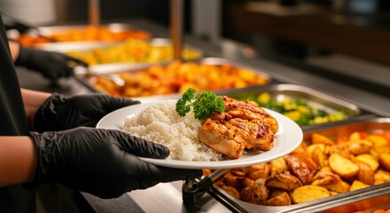 catering buffet dinner, Canteen worker plates food at buffet. Variety of dishes potatoes, couscous, meat. Service line, food preparation. Restaurant setting, catering service. Lunch dinner time. Perso