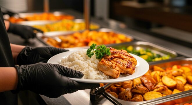 catering buffet dinner, Canteen worker plates food at buffet. Variety of dishes potatoes, couscous, meat. Service line, food preparation. Restaurant setting, catering service. Lunch dinner time. Perso