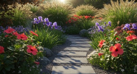Lush garden with stone path, vibrant flowers, tall grasses, bathed in sunlight