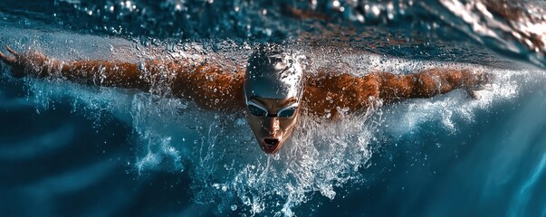 Swimmer pushes full speed through the water, striving for the best time with maximum power and determination