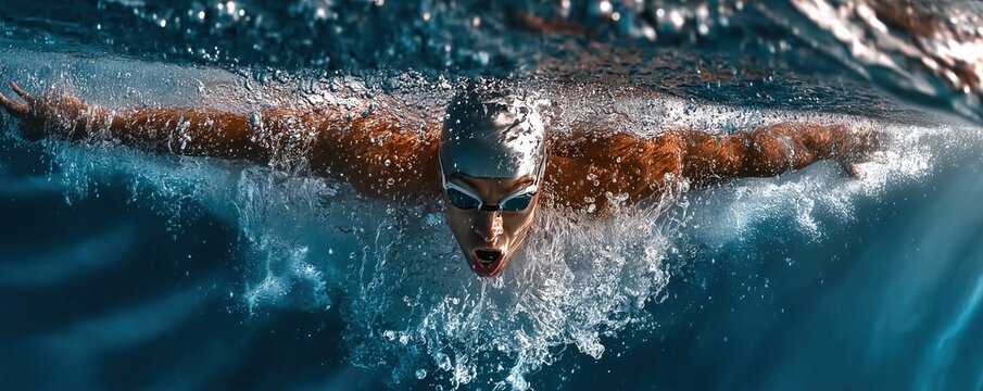 Swimmer pushes full speed through the water, striving for the best time with maximum power and determination - Powered by Adobe