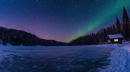 Starry Night Sky Over Frozen Lake Cabin