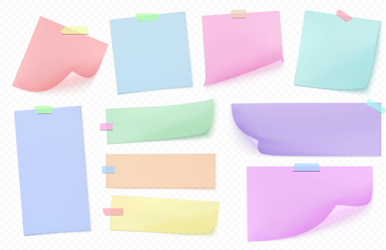 Sticky note memo collection with adhesive papers and colorful tape attachments for office use. Square sheets with curled corners for reminders or messages. Blank notepads for planning.