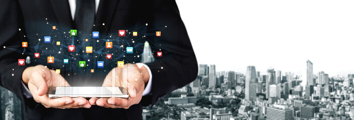 Social media interaction digital icons floating show concept of social media marketing. Online engagement, influencer marketing, and modern connection technology. Spline